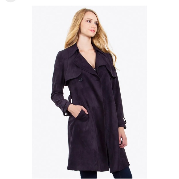 SugarLips faux suede navy trench coat - Picture 2 of 8